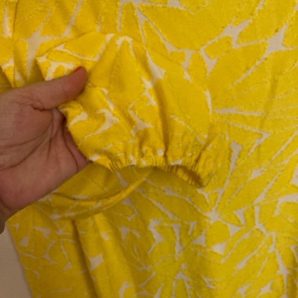 Susan Graver Sunny Yellow White Mixed Media Blouse V-Neck Elastic Cuff Sz L - Picture 3 of 9